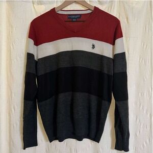 U.S. Polo Assn. Sweater Red White Gray Black Striped V-Neck Preppy Small S